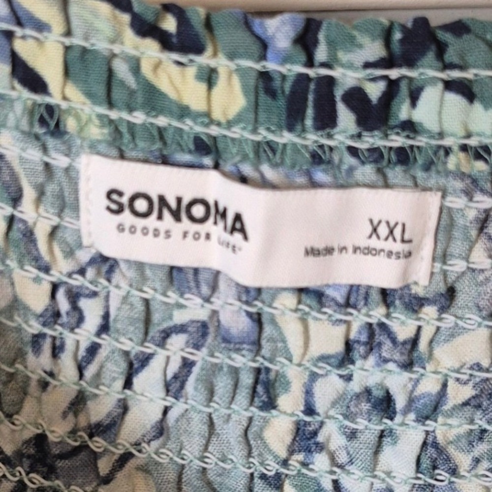Sonoma Midi Dress XXL Green Floral Smocked Beachy Tropical Vacation Square Neck - Picture 6 of 8